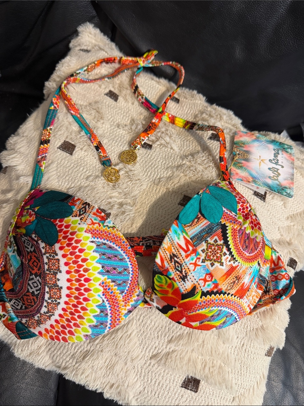 Luli Fama Teal Orange Red Multi-Color Halter Bikini Top
